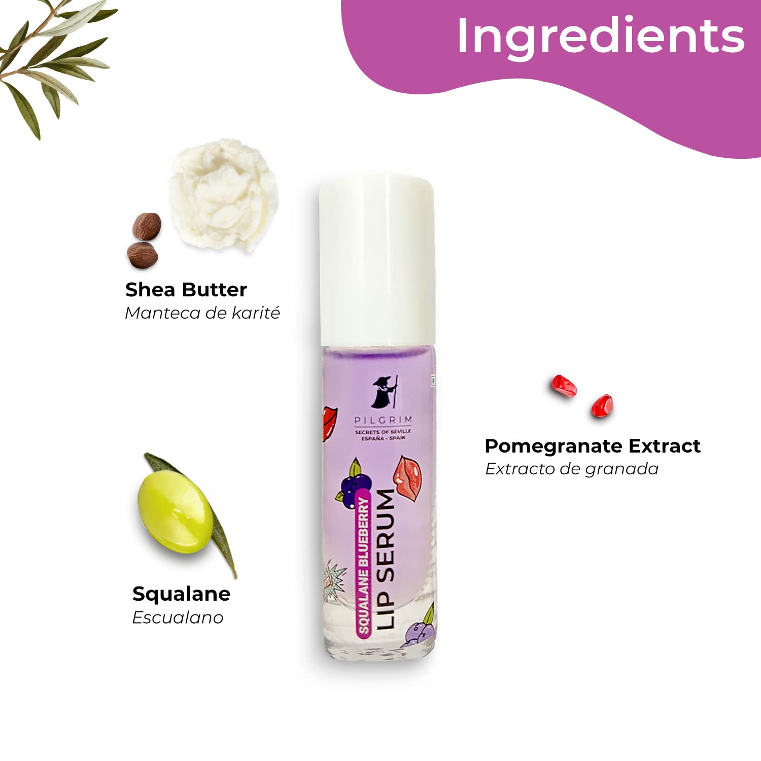 Pilgrim Spanish Squalane Lip Serum with roll-on for Visibly Plump Lips | Hydrating Lip serum for dark lips |Lip serum with Shea Butter & Pomegranate for plump & soft lips |Men & Women |6 ml lip serum from Pilgrim