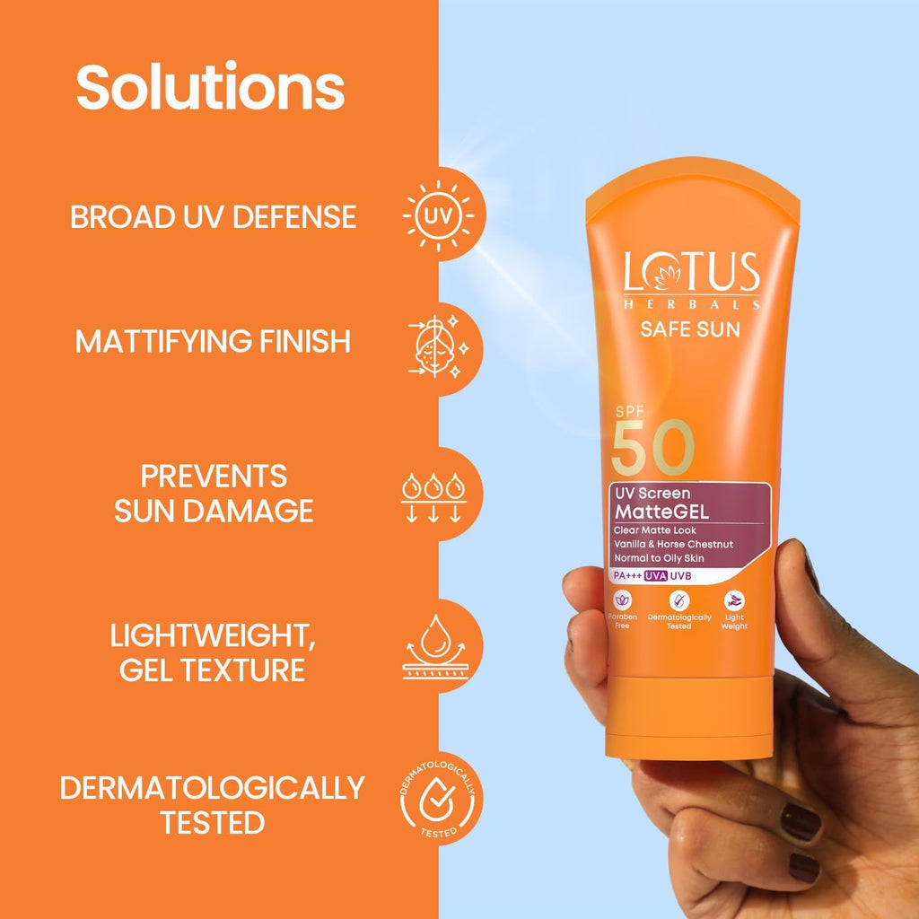 Lotus Herbals Safe Sun UV Screen Matte Gel Sunscreen SPF 50 PA+++ | In Vivo Tested | Broad Spectrum UV Protection | Matte Finish | No White Cast | Normal to Oily Skin | For Women and Men | Paraben & Cruelty Free | 100g