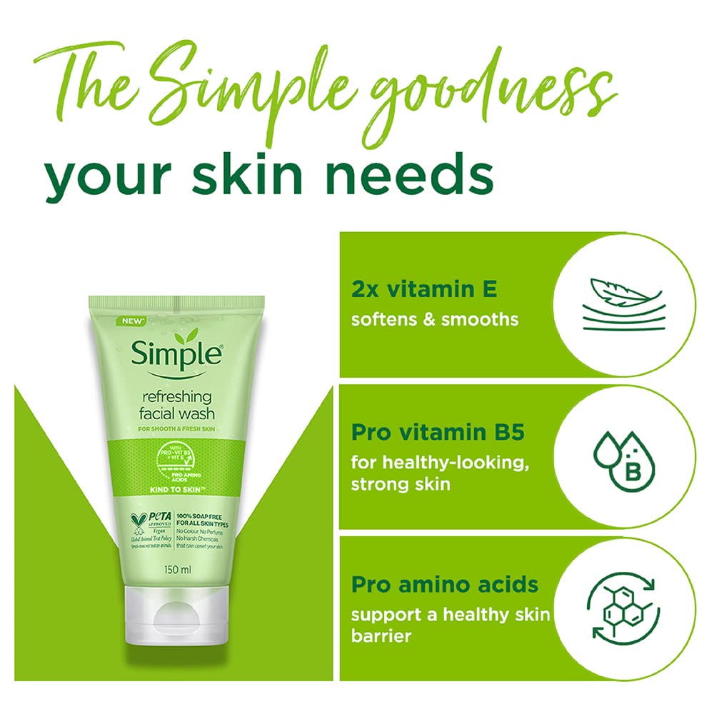 Simple Kind To Skin Refreshing Facial Wash 150 ml | 100% Soap-Free Facewash that doesn't dry out your skin| For All Skin Types  from simple
