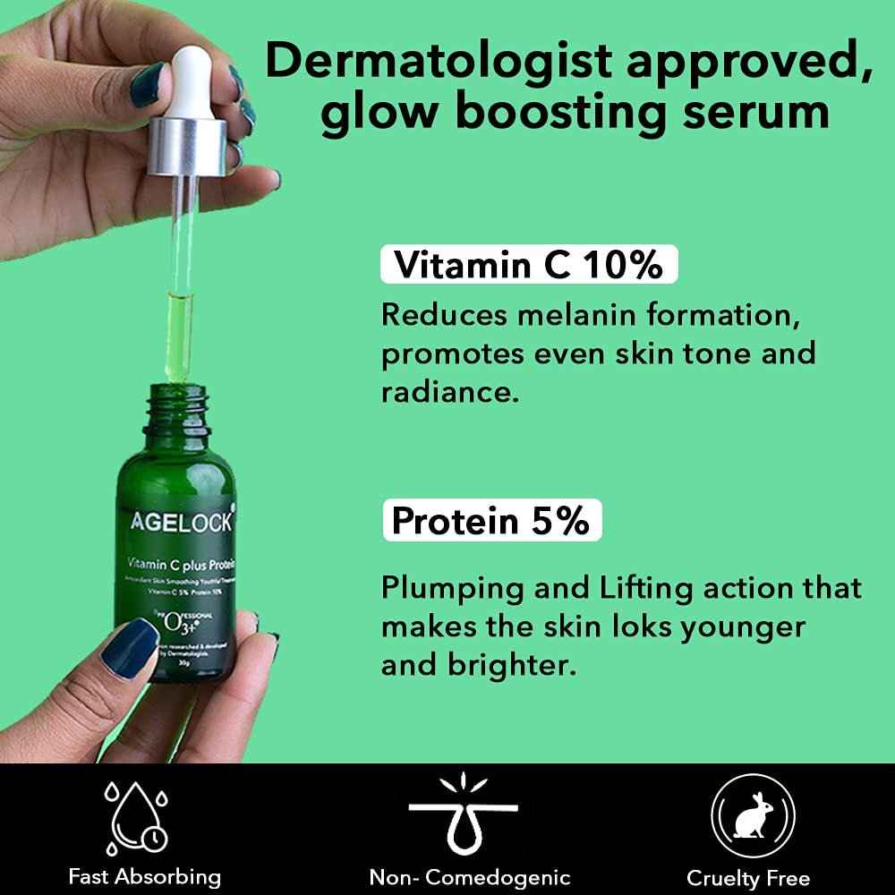 O3+ Agelock Vitamin C Protein Serum Antioxidant Anti-ageing Fine Lines & Wrinkle Removal Skin Smoothing for All Skin Types, 30g  from O3+