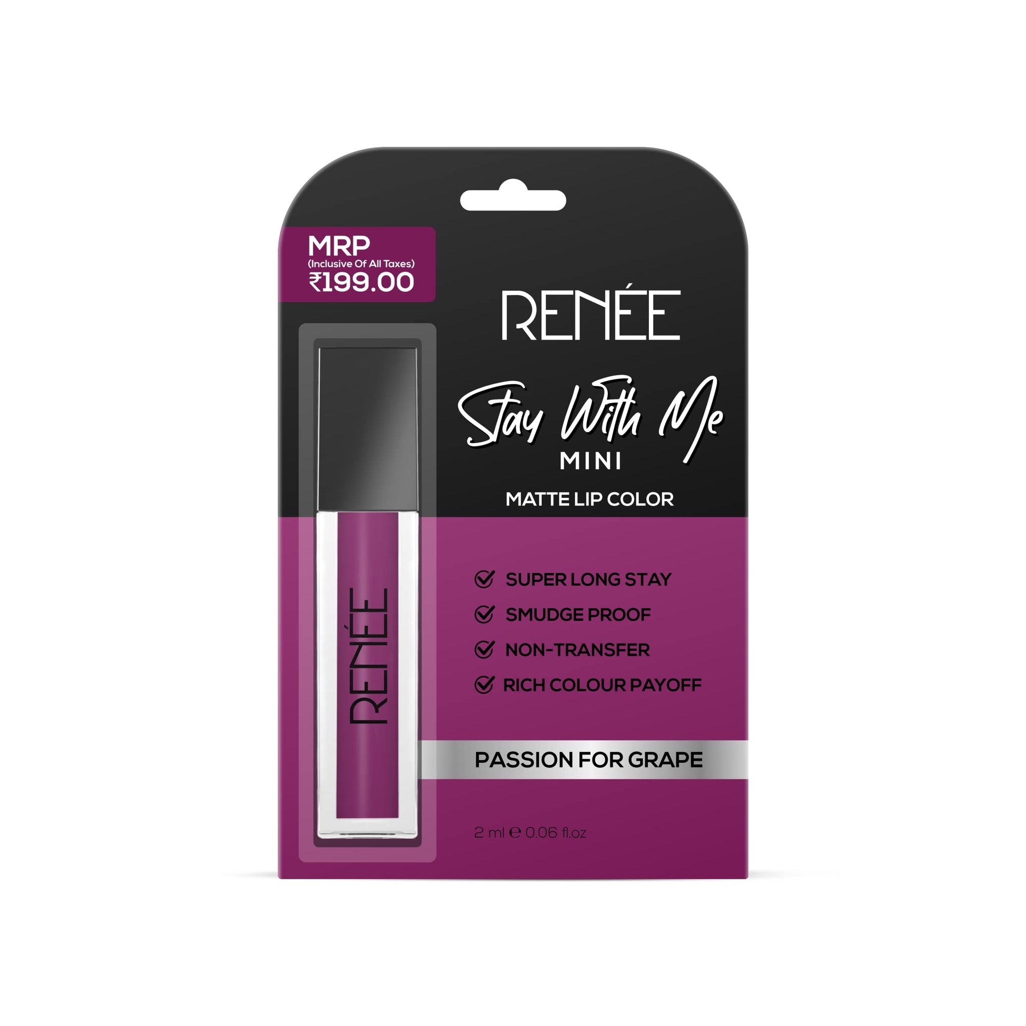 RENEE Stay With Me Mini Matte Lip Color, Long Lasting, Non Transfer, Water & Smudge Proof, Light Weight Liquid Lipstick, Passion for Grape 2ml  from RENEE