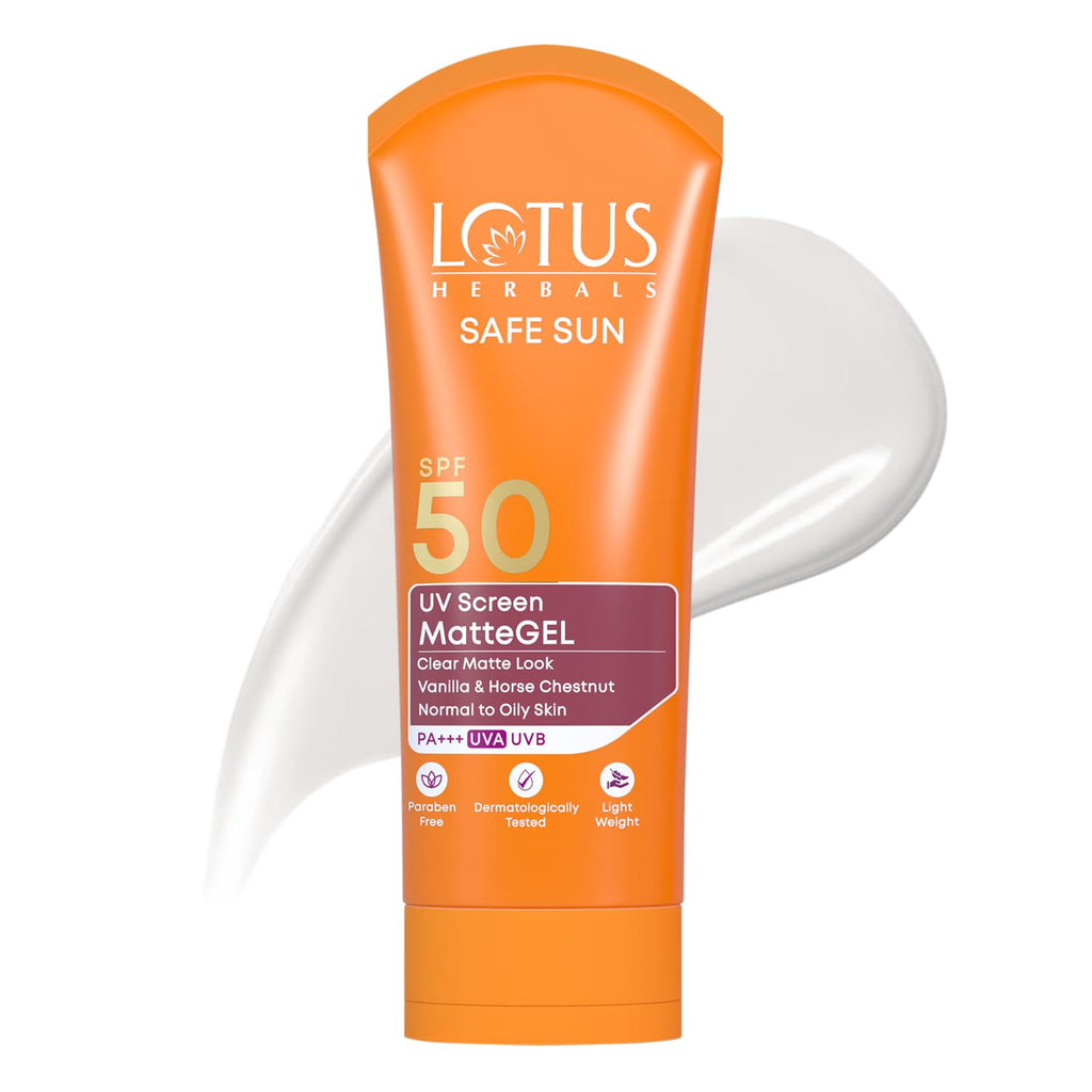 Lotus Herbals Safe Sun UV Screen Matte Gel Sunscreen SPF 50 PA+++ | In Vivo Tested | Broad Spectrum UV Protection | Matte Finish | No White Cast | Normal to Oily Skin | For Women and Men | Paraben & Cruelty Free | 100g