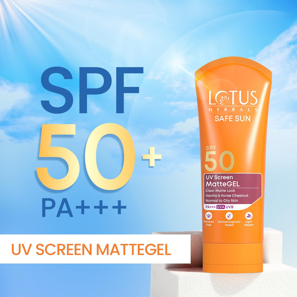 Lotus Herbals Safe Sun UV Screen Matte Gel Sunscreen SPF 50 PA+++ | In Vivo Tested | Broad Spectrum UV Protection | Matte Finish | No White Cast | Normal to Oily Skin | For Women and Men | Paraben & Cruelty Free | 100g