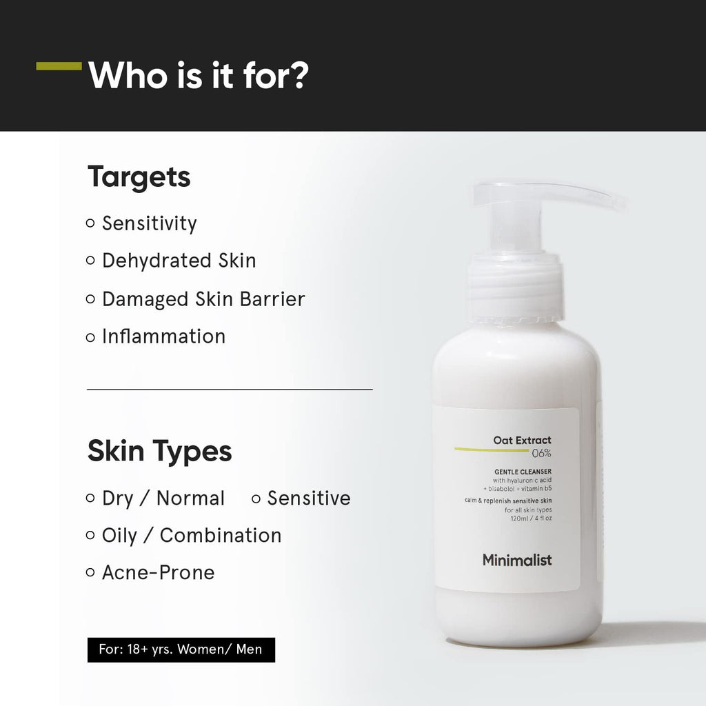 Minimalist Gentle Face Wash With 6% Oat Extract & Hyaluronic Acid For Sensitive Skin (Dry to Normal) | Sulphate Free | Non-Drying | Fragrance Free | Gentle Cleanser (120 ML)
