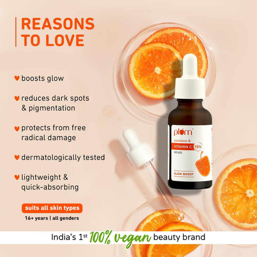 Plum 15% Vitamin C Face Serum For Glowing Skin | Reduces Dark Spots | For Dull Skin | With Mandarin | Beginner Friendly, For All Skin Types | 100% Vegan | 30 ml  from Plum