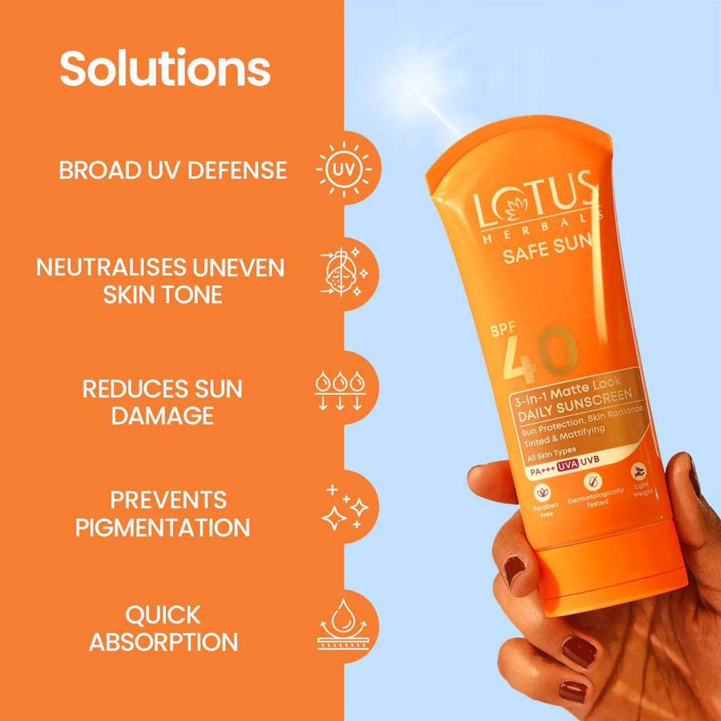 Lotus Herbals Safe Sun 3 In 1 Tinted Daily Sunscreen SPF 40 PA+++ | In Vivo Tested | Tinted Matte Look | UVA & UVB Protection | Non-Greasy | No White Cast | For All Skin Types | For Women & Men