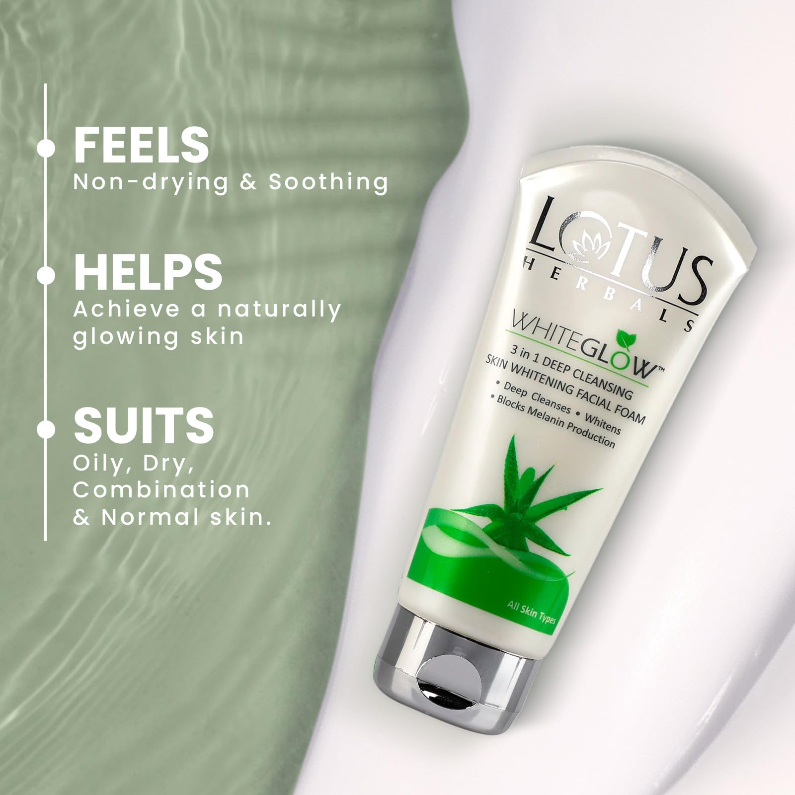 Lotus Herbals WhiteGlow 3 in 1 Deep Cleansing Facial Foam I Deep Cleansing formula I Acne-control I Non-drying I Fades dark spots I with Alpha Arbutin & Saxifraga extracts I Suits all skin types I Women & Men I 100ml  from Lotus