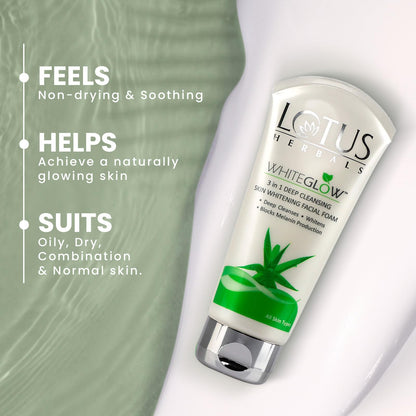 Lotus Herbals WhiteGlow 3 in 1 Deep Cleansing Facial Foam I Deep Cleansing formula I Acne-control I Non-drying I Fades dark spots I with Alpha Arbutin & Saxifraga extracts I Suits all skin types I Women & Men I 100ml  from Lotus