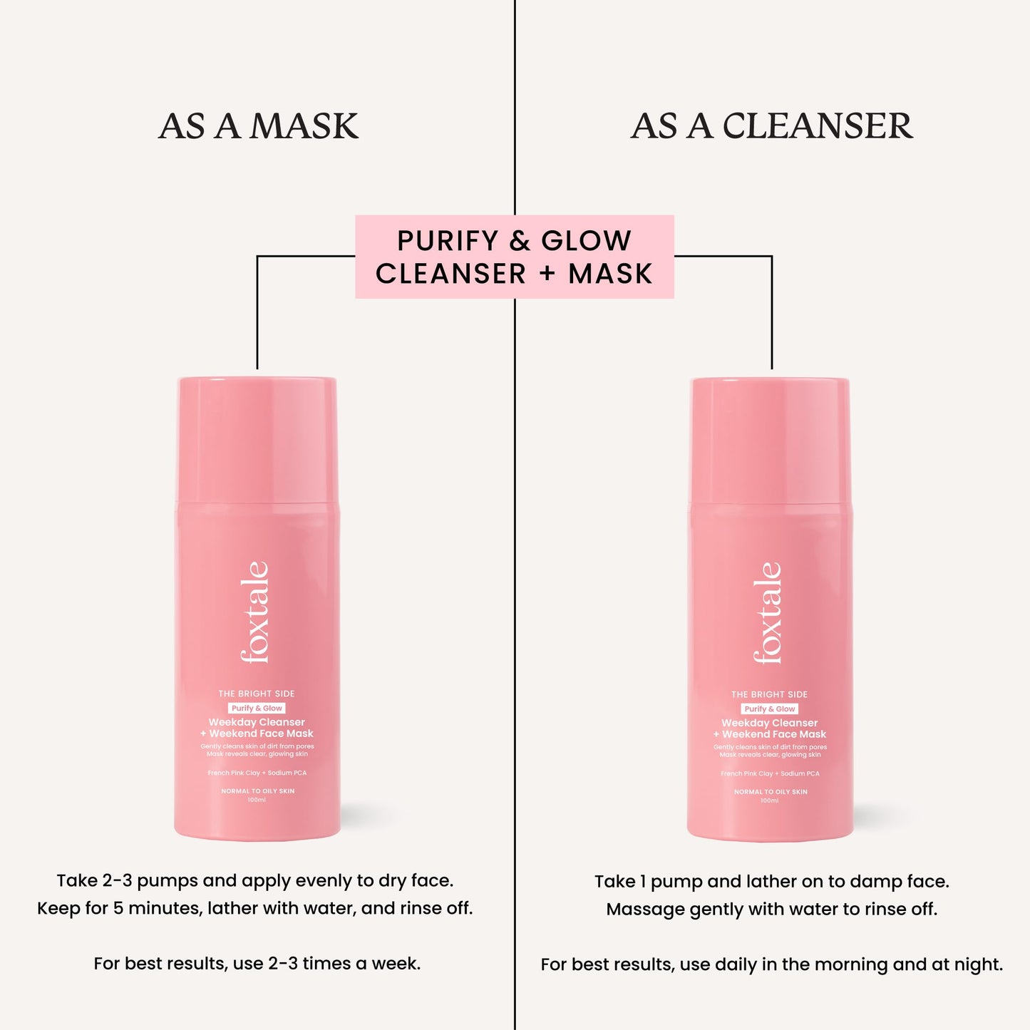 Foxtale Purify & Glow Cleanser + Clay Mask - Deep Cleanses Pores, Exfoliating Glow Facial, Instantly Gives Bright Skin, For Normal, Oily and Combination Skin, Men & Women - 100ml  from FoxTale