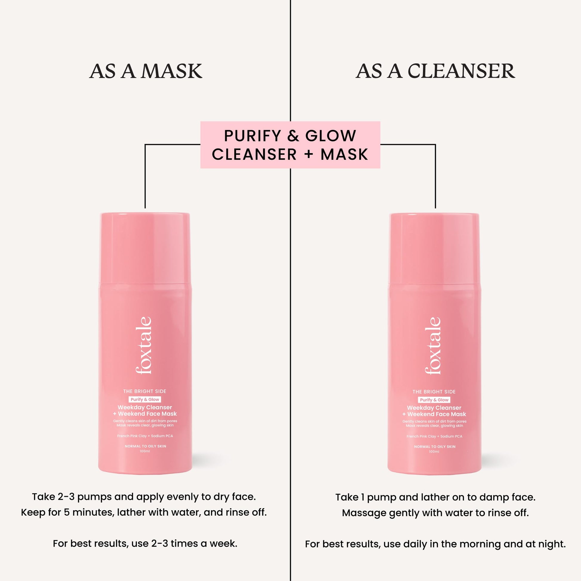 Foxtale Purify & Glow Cleanser + Clay Mask - Deep Cleanses Pores, Exfoliating Glow Facial, Instantly Gives Bright Skin, For Normal, Oily and Combination Skin, Men & Women - 100ml  from FoxTale