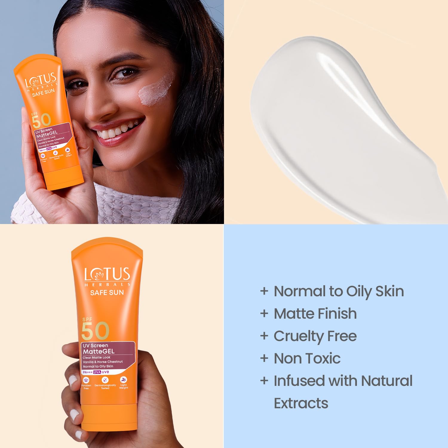 Lotus Herbals Safe Sun UV Screen Matte Gel Sunscreen SPF 50 PA+++ | In Vivo Tested | Broad Spectrum UV Protection | Matte Finish | No White Cast | Normal to Oily Skin | For Women and Men | Paraben & Cruelty Free | 100g