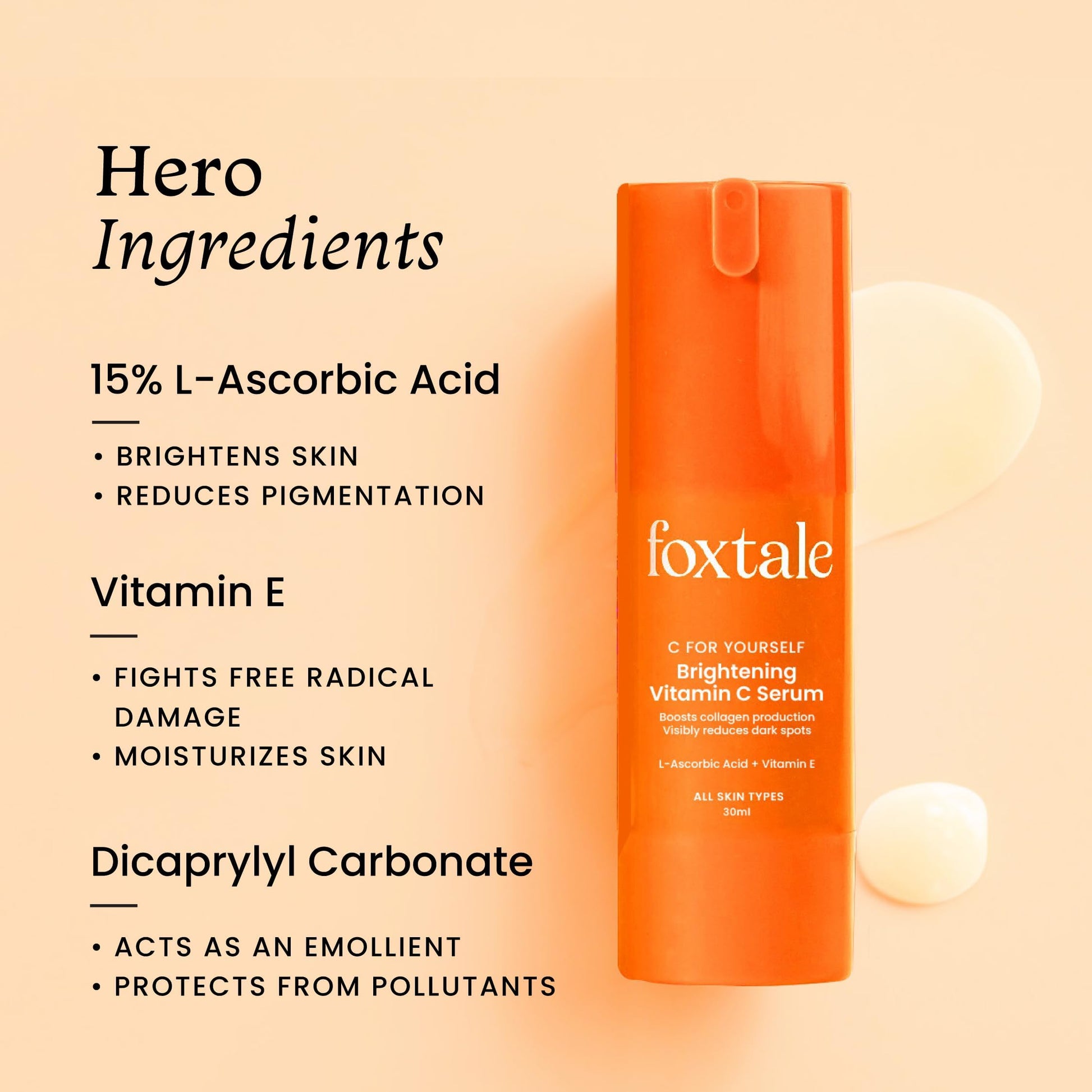 Foxtale 15% Vitamin C Face Serum for Glowing Skin | Pure L-Ascorbic Acid and Vitamin E | Brightening Serum for Dark Spots,Dull Skin,Uneven Skin Tone | All Skin Types | 30 ml  from FoxTale