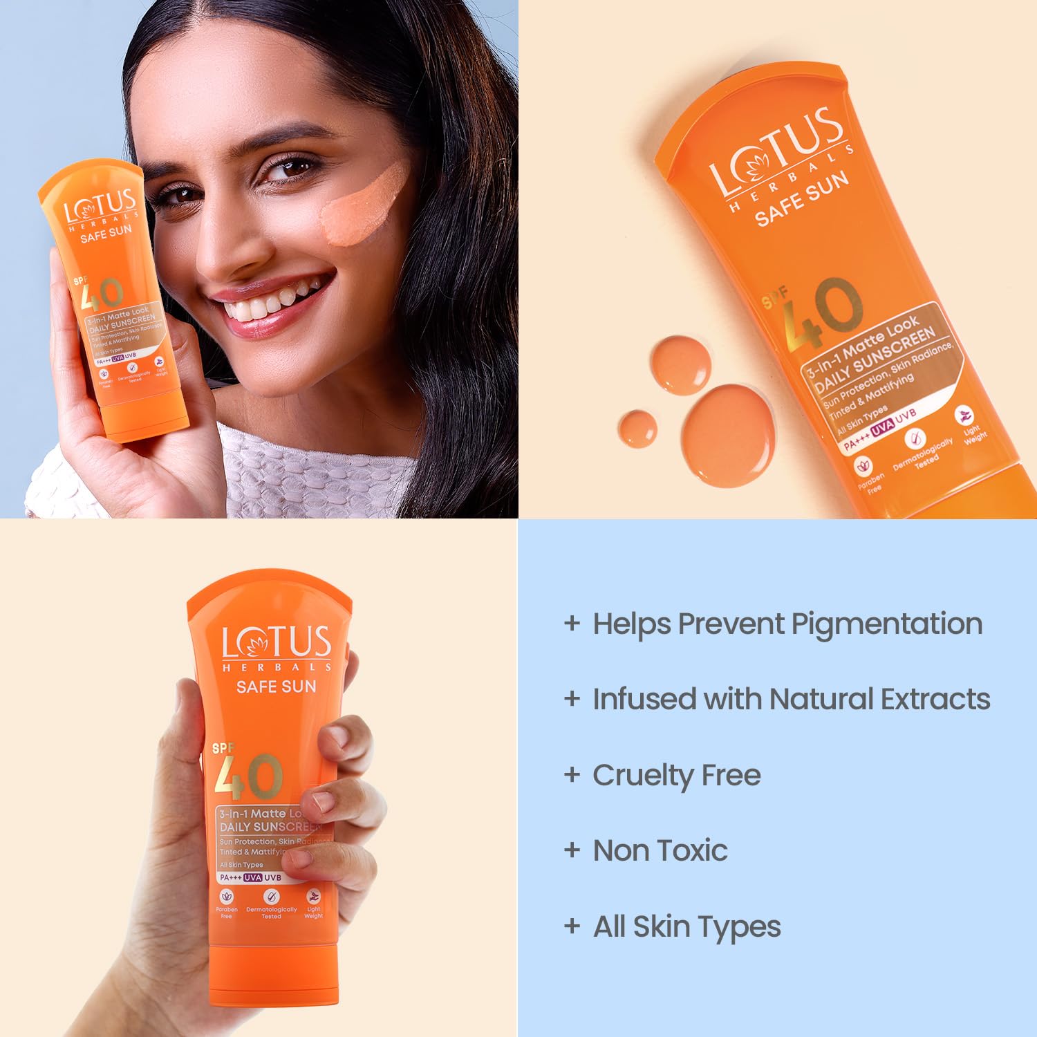Lotus Herbals Safe Sun 3 In 1 Tinted Daily Sunscreen SPF 40 PA+++ | In Vivo Tested | Tinted Matte Look | UVA & UVB Protection | Non-Greasy | No White Cast | For All Skin Types | For Women & Men