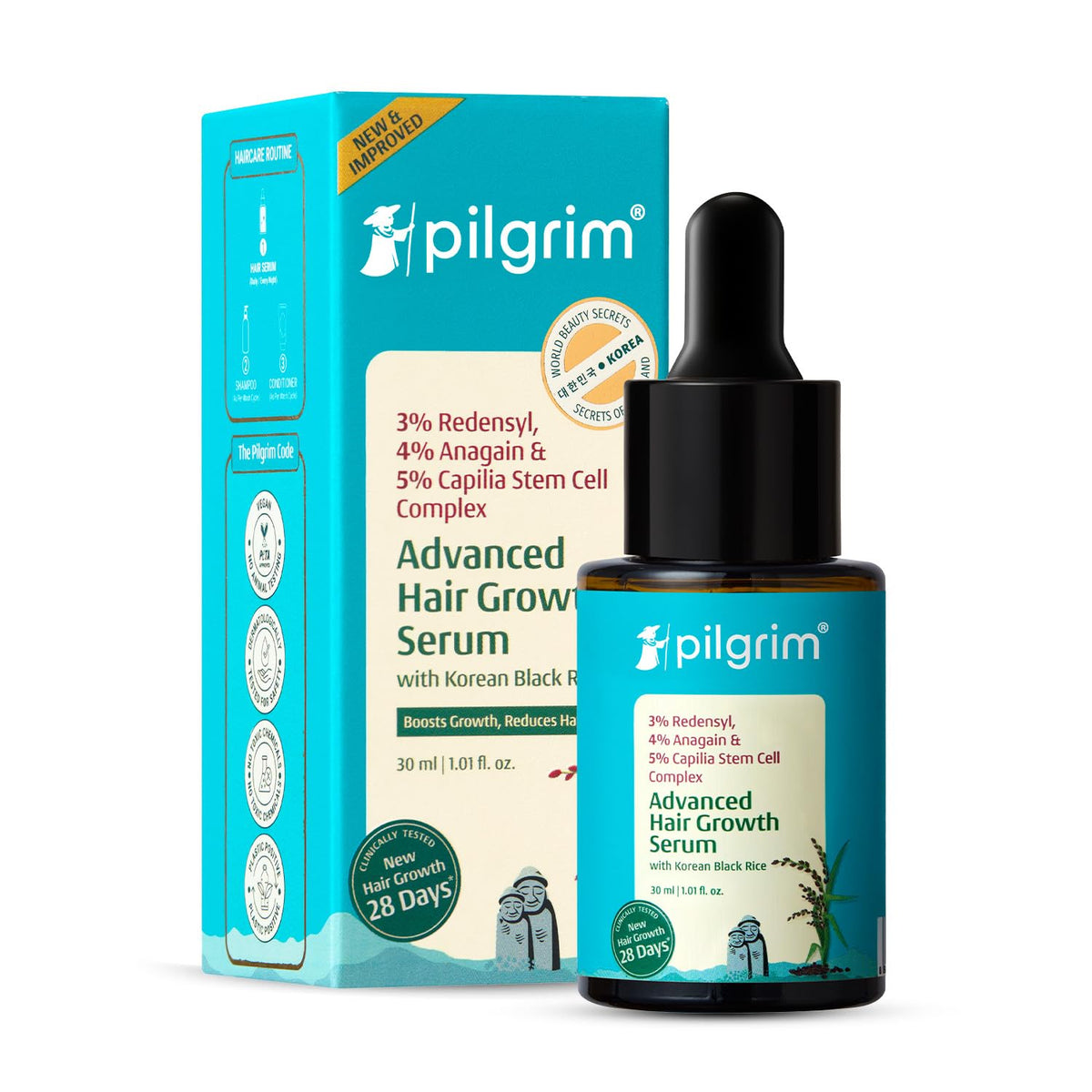 Pilgrim Redensyl 3% + Anagain 4% + Baicapil Advanced Hair Growth Serum (30ml) for Scalp with Korean Black Rice, Saw Palmetto | Control Fall, Stimulate Regrowth, Increase Density | For Women & Men