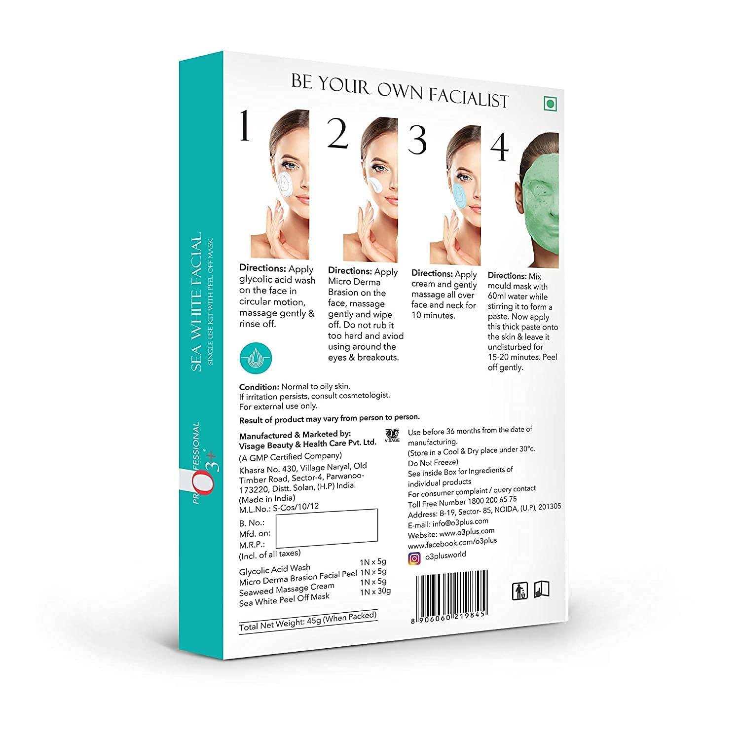 O3+ Sea White Brightening Facial Kit With Peel Off Mask Suitable For Normal To Oily Types (45g, Single Use Facial Kit)  from O3+
