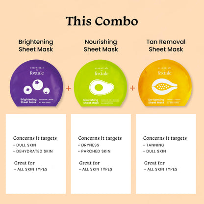 Foxtale- (Pack of 3) Facial Mask Set for Glowing Skin | Serum Mask for Boosting Collagen, Brightening, Tan Removal, Hydration | Vitamin C, Niacinamide, Hyaluronic Acid | Sheet Mask Combo for Women,Men  from FoxTale