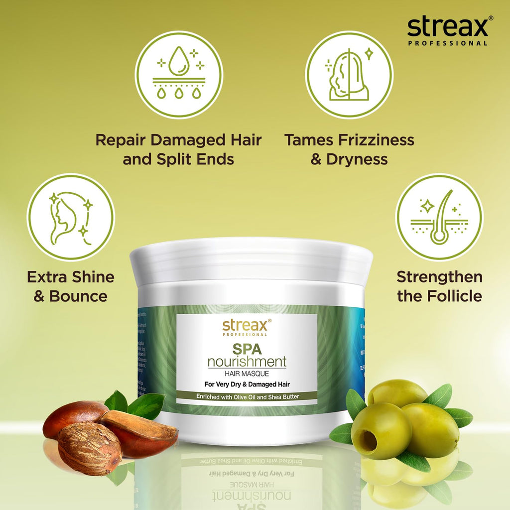 Streax Professional Spa Nourishment Hair Masque for Women|For Very Dry & Damaged Hair|With Olive Oil & Shea Butter|Moisturises, Revitalizes & Helps strengthen Chemically Treated Hair|200g  from Streax Professional