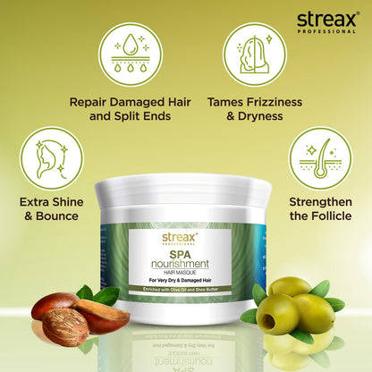 Streax Professional Spa Nourishment Hair Masque for Women|For Very Dry & Damaged Hair|With Olive Oil & Shea Butter|Moisturises, Revitalizes & Helps strengthen Chemically Treated Hair|200g  from Streax Professional