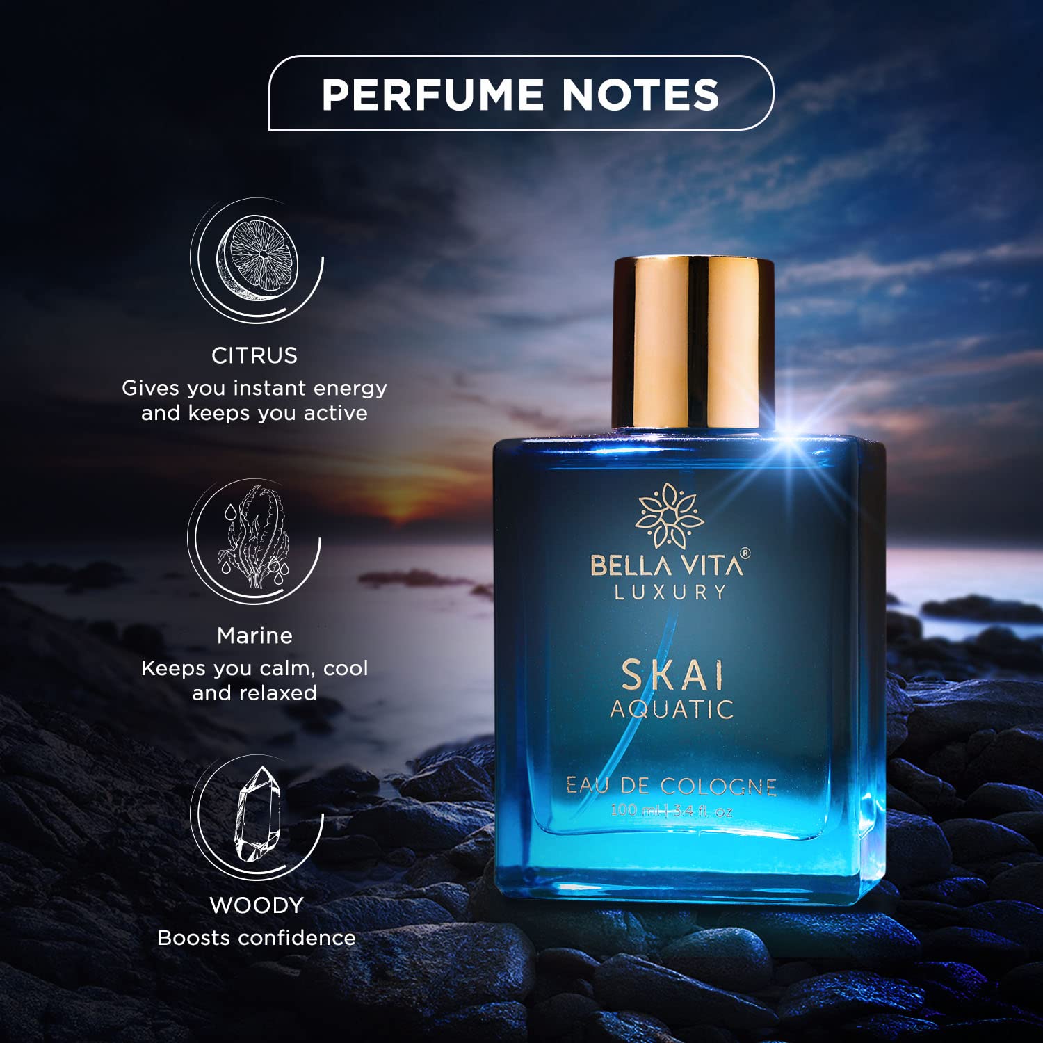 Bella Vita Luxury Skai Aquatic Eau De Cologne Unisex Perfume for Men & Women with Bergamot, Pink Pepper |Long Lasting Aqua EDC Fragrance Scent, 100 Ml perfume from Bella Vita Luxury