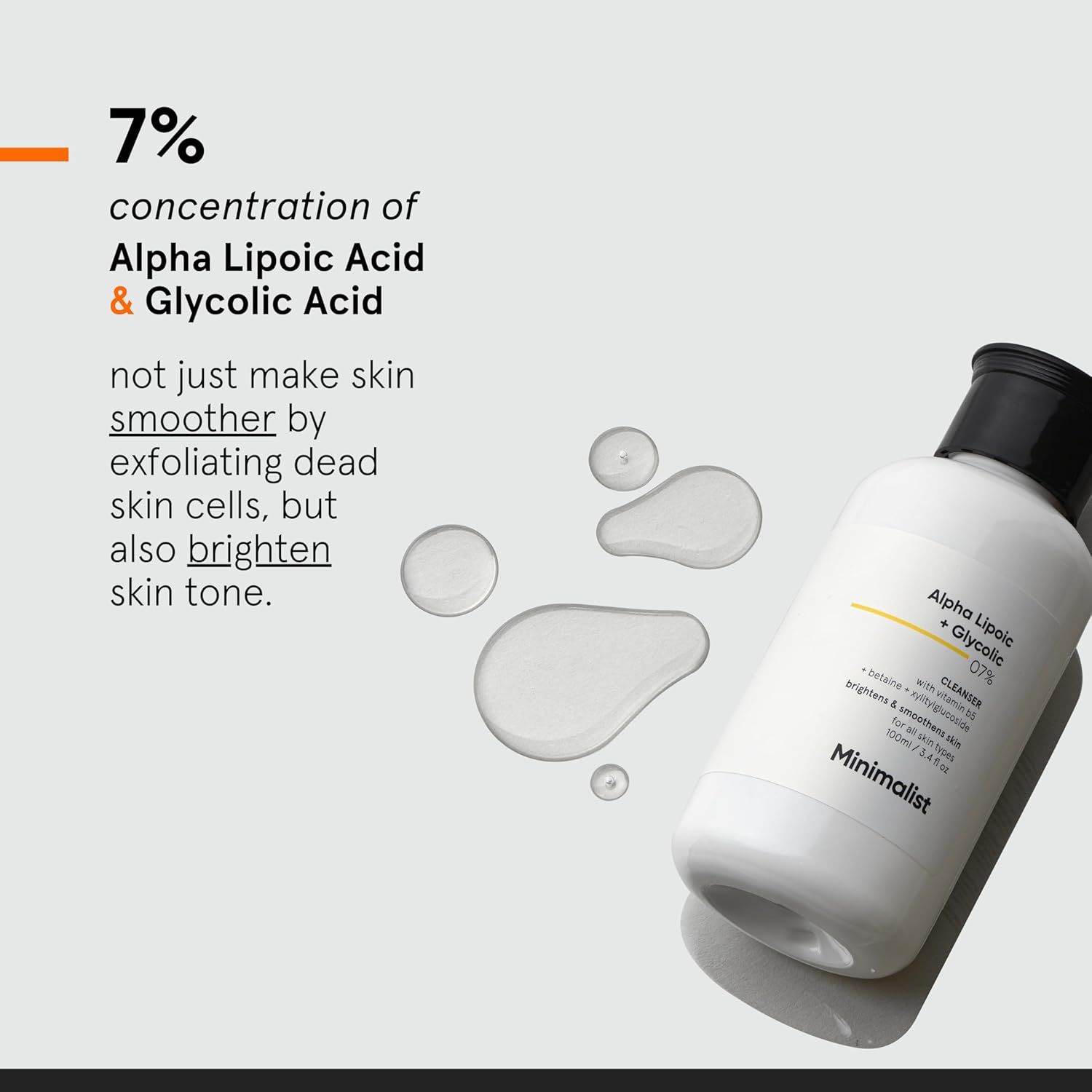 Minimalist 7% ALA + Glycolic Brightening Face Wash | Cleanser with ALA For Glowing Skin, AHA for Exfoliation and Vitamin B5 For Hydration | Sulphate-free | Fragrance-free | For Women & Men | 100 ml