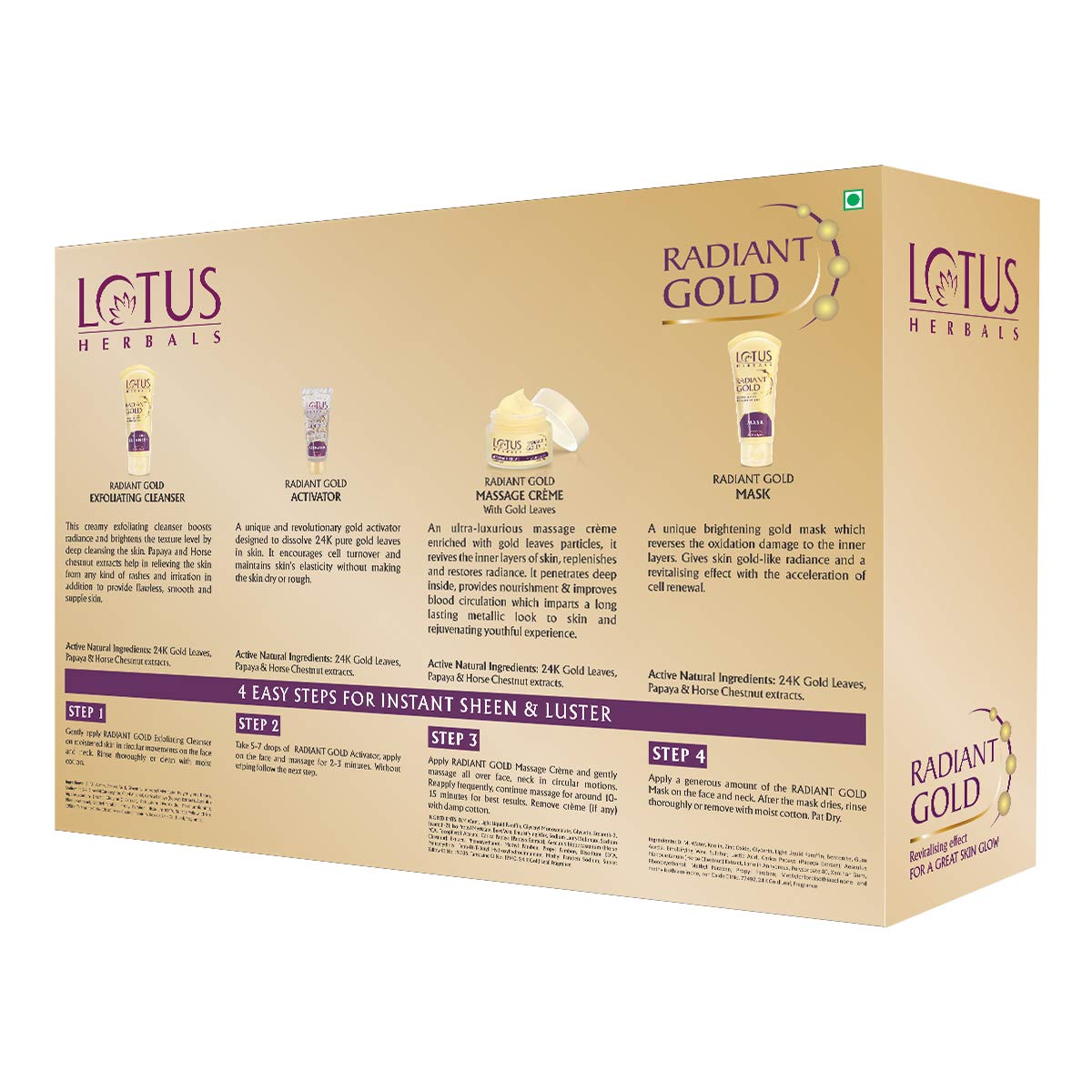 Lotus Herbals Radiant Gold Facial Kit For Instant Glow With 24K Pure Gold & Papaya,4 Easy Steps, (Multiple Use)170g (Pack of 1)  from Lotus