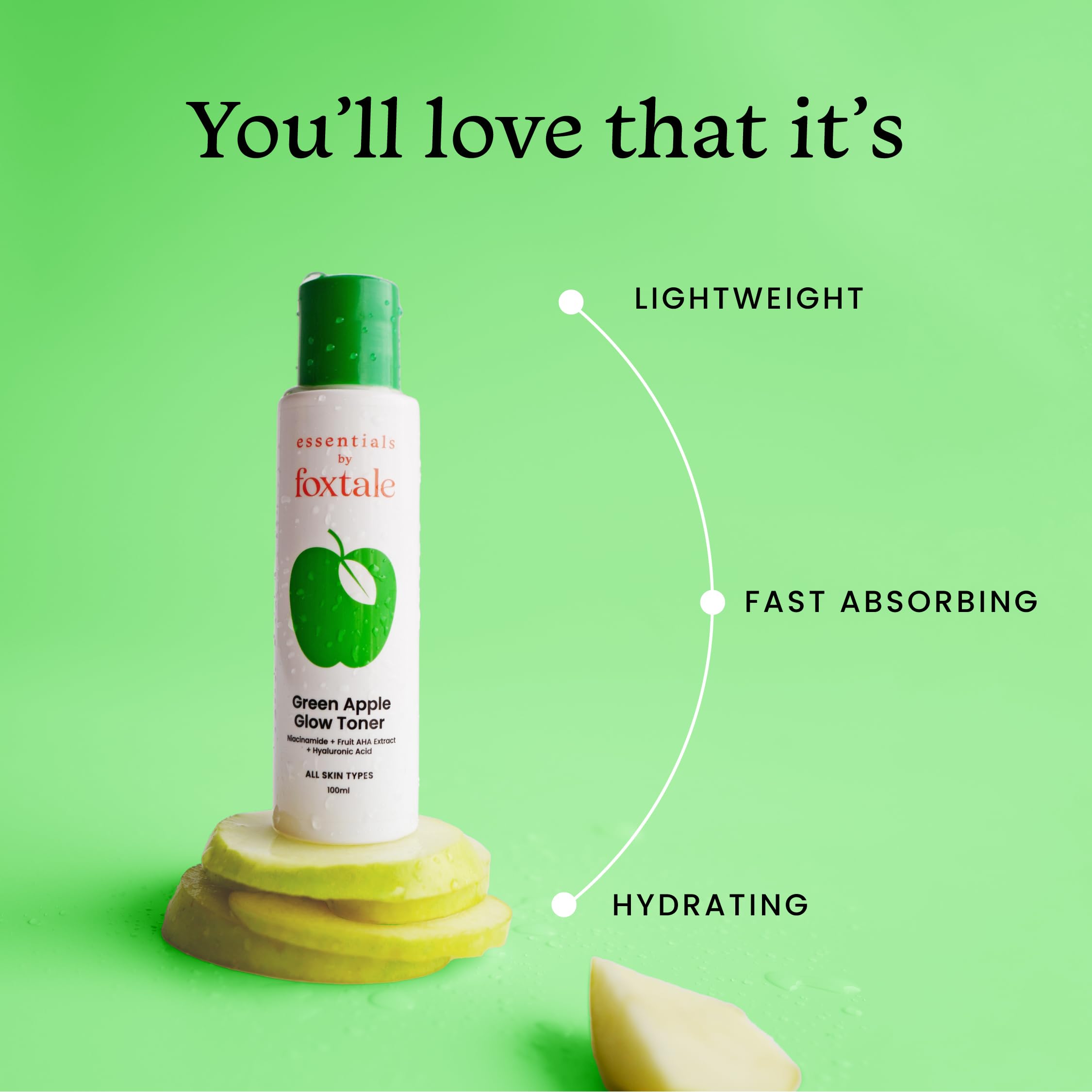 Foxtale Essentials Daily Green Apple Glow Toner with Niacinamide | Fruit AHA Extract and Hyaluronic Acid | Clinically Proven Brightening Ingredients | All Skin Types | Men & Women - 100ml  from FoxTale