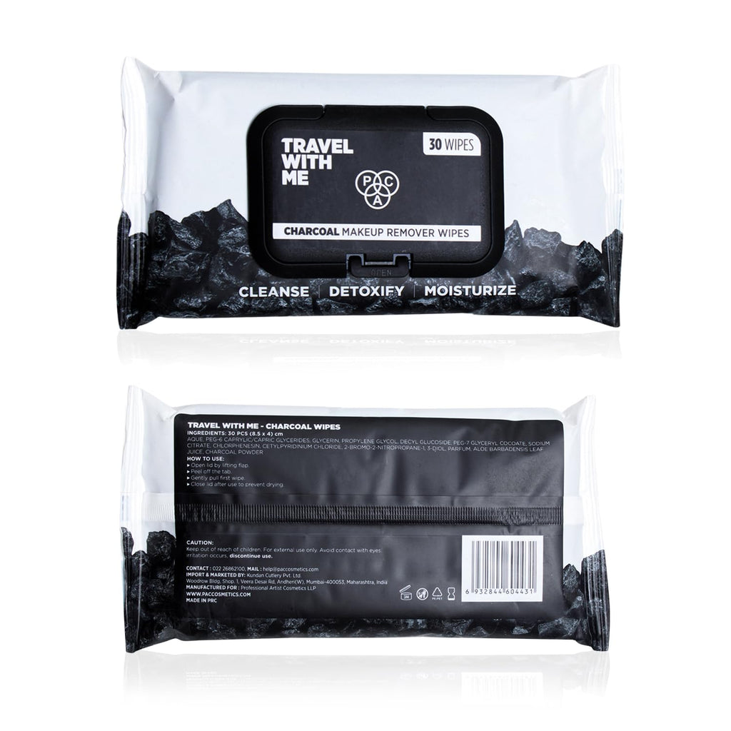 PAC Travel With Me Charcoal Wet Wipes for Face with Charcoal powder, Vitamin E & Glycerin | Cleansing and Hydrating Facial Wipes | Moisturizing Makeup Remover for Oily & Combination Skin | 30 Wipes  from PAC