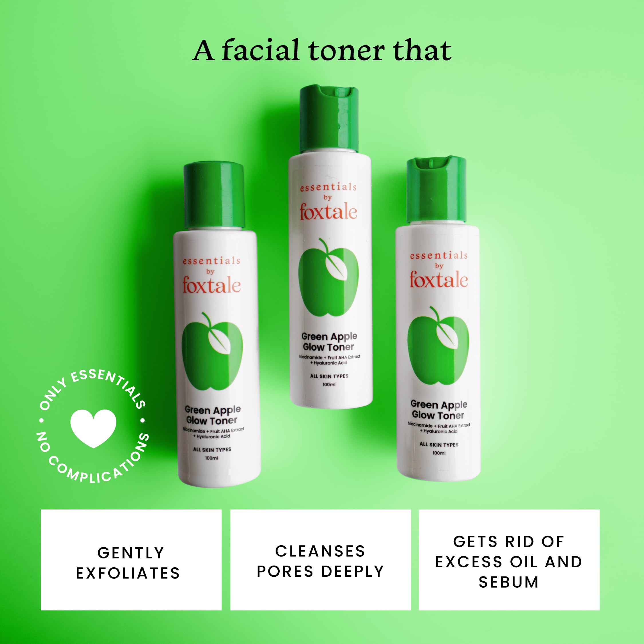 Foxtale Essentials Daily Green Apple Glow Toner with Niacinamide | Fruit AHA Extract and Hyaluronic Acid | Clinically Proven Brightening Ingredients | All Skin Types | Men & Women - 100ml  from FoxTale