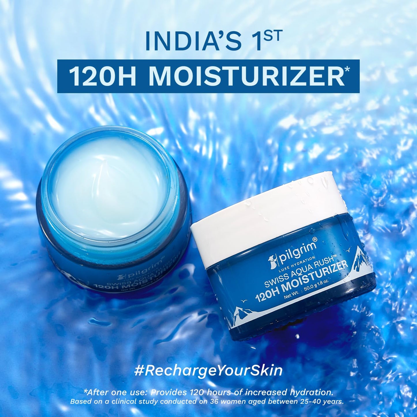 Pilgrim Swiss Aqua Rush™ 120H Moisturizer for face| Crafted with powerful hydrators-Swiss Aqua Rush™ & PatcH20®| Strengthens skin barriers| Plump & glowing skin| 120 Hrs of Increased hydration| 50gm Moisturizer from Pilgrim
