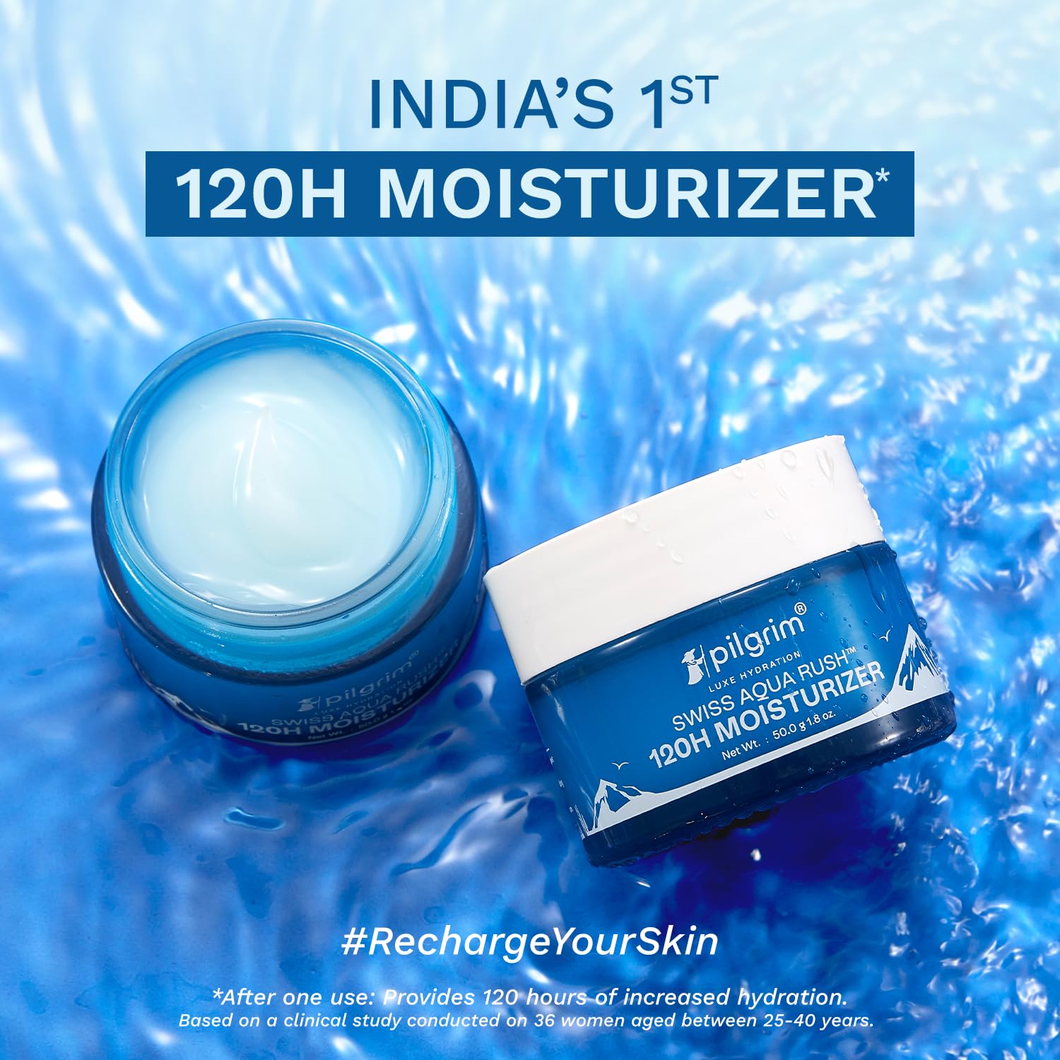 Pilgrim Swiss Aqua Rush™ 120H Moisturizer for face| Crafted with powerful hydrators-Swiss Aqua Rush™ & PatcH20®| Strengthens skin barriers| Plump & glowing skin| 120 Hrs of Increased hydration| 50gm Moisturizer from Pilgrim