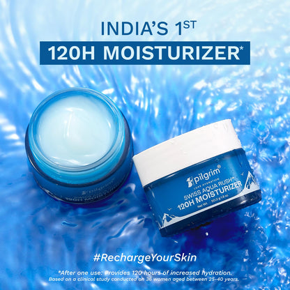 Pilgrim Swiss Aqua Rush™ 120H Moisturizer for face| Crafted with powerful hydrators-Swiss Aqua Rush™ & PatcH20®| Strengthens skin barriers| Plump & glowing skin| 120 Hrs of Increased hydration| 50gm Moisturizer from Pilgrim