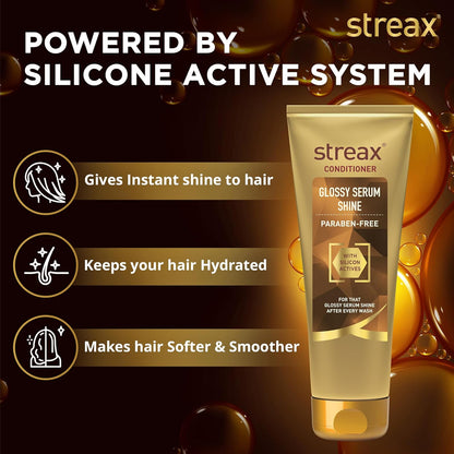 Streax Glossy Serum Shine Hair Conditioner for Women & Men| For Dull & Dry Hair| With Silicon Actives for Shiny Hair and Frizz Control| Paraben free - 240ml  from Streax