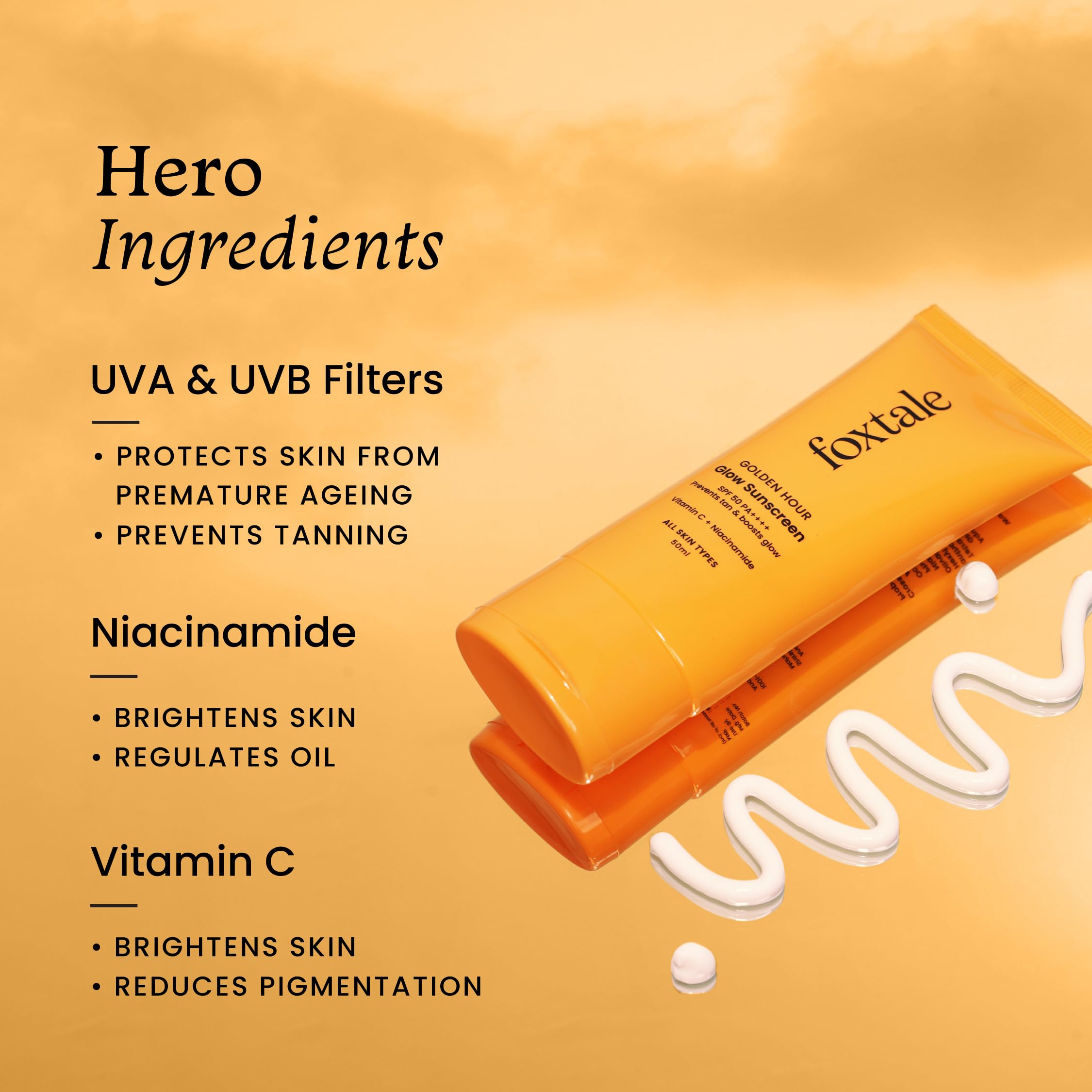 Foxtale Glow Sunscreen SPF 50 PA++++ Lightweight with Vitamin C and Niacinamide | Fast Absorbing | UVA and UVB filters Prevents Tanning | No White Cast | Non-Greasy | For Men & Women | All Skin Types - 50 ml sunscreen from FoxTale