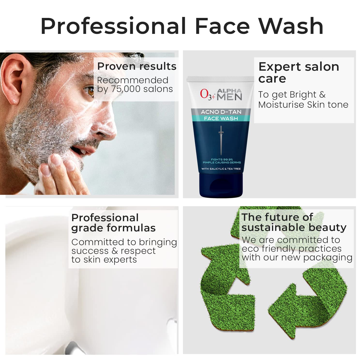 O3+ ALPHA MEN Acno D-TAN Face Wash with Tea Tree 100g for Oily Skin | Detan Face Wash for TAN Removal | Removes Acne and Dirt  from O3+