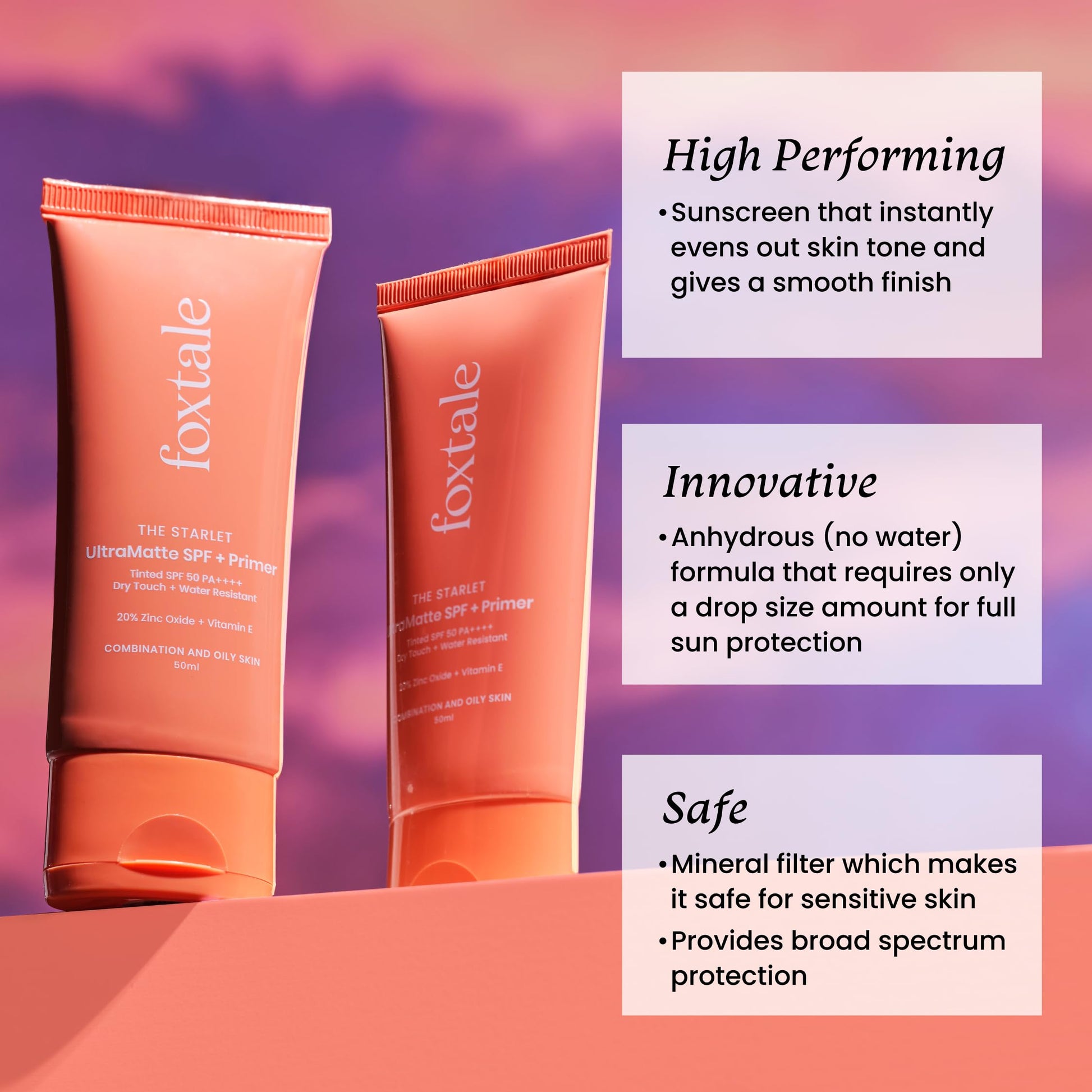 Foxtale Tinted Sunscreen SPF 50 PA++++ & Primer | Shade 2 | Vitamin E | Water Resistant with Dry-Touch Finish | No White Cast | Blurs Out Pores - 50ml  from FoxTale