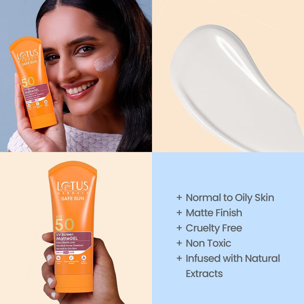 Lotus Herbals Safe Sun UV Screen Matte Gel Sunscreen SPF 50 PA+++ | In Vivo Tested | Broad Spectrum UV Protection | Matte Finish | No White Cast | Normal to Oily Skin | For Women and Men | Paraben & Cruelty Free | 100g