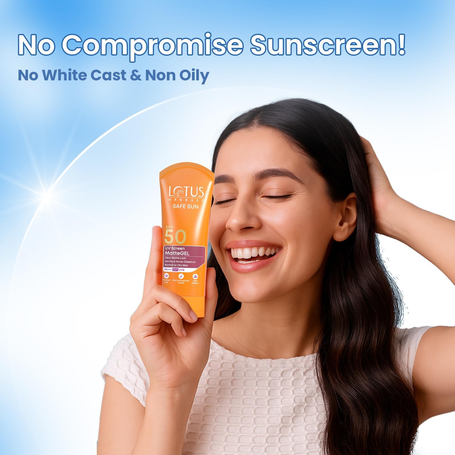 Lotus Herbals Safe Sun UV Screen Matte Gel Sunscreen SPF 50 PA+++ | In Vivo Tested | Broad Spectrum UV Protection | Matte Finish | No White Cast | Normal to Oily Skin | For Women and Men | Paraben & Cruelty Free | 100g
