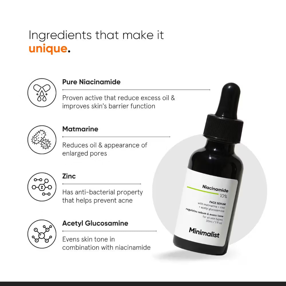 Minimalist 10% Niacinamide Face Serum With Matmarine + Zinc For Reducing Oil & Blemishes (30ml)