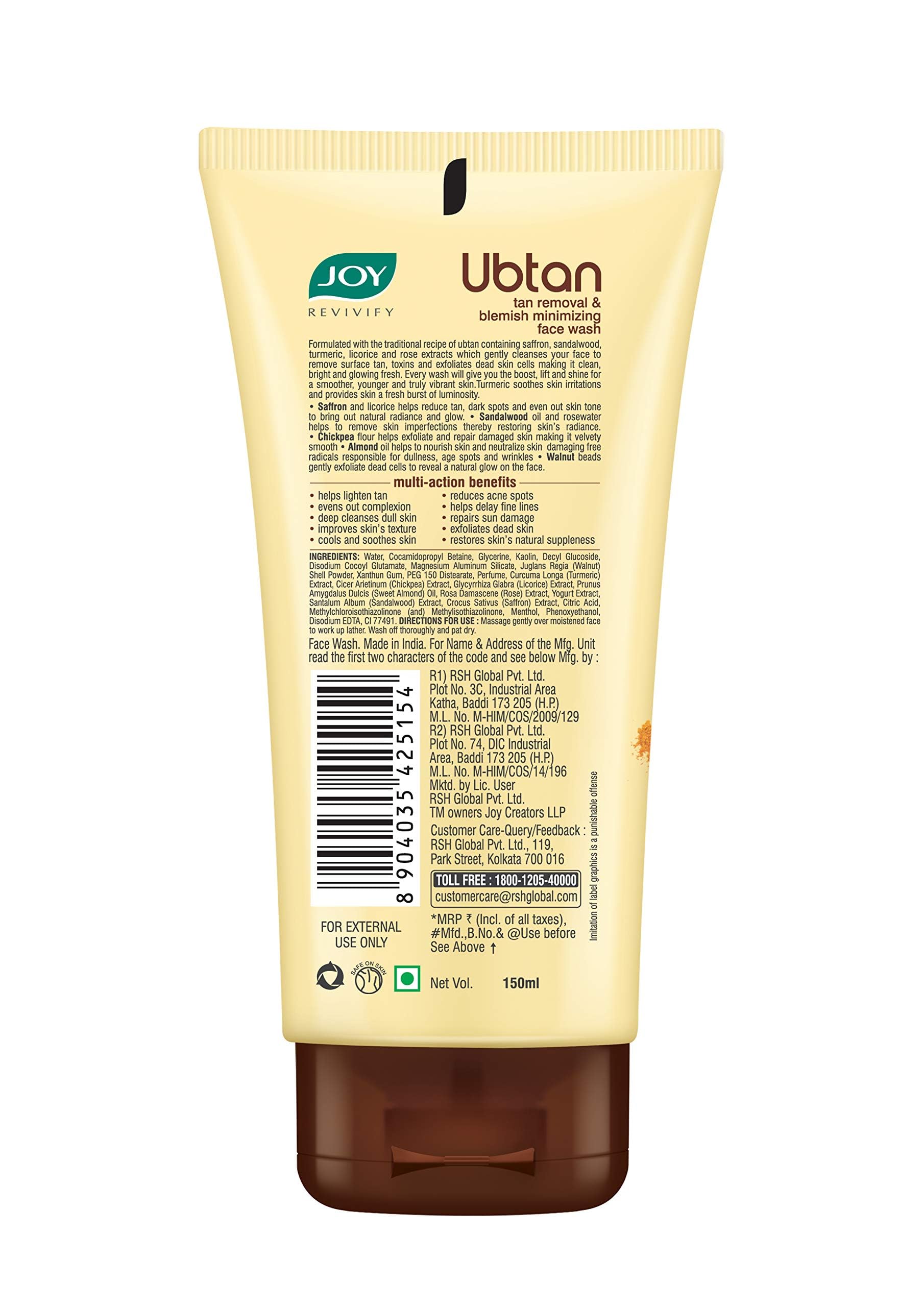 Joy Tan Removal Ubtan Face Wash For Bright & Glowing Skin (150ml) | Natural Face Wash with Turmeric & Saffron for Acne & Tan Removal | Face Wash for Men & Women  from JOY