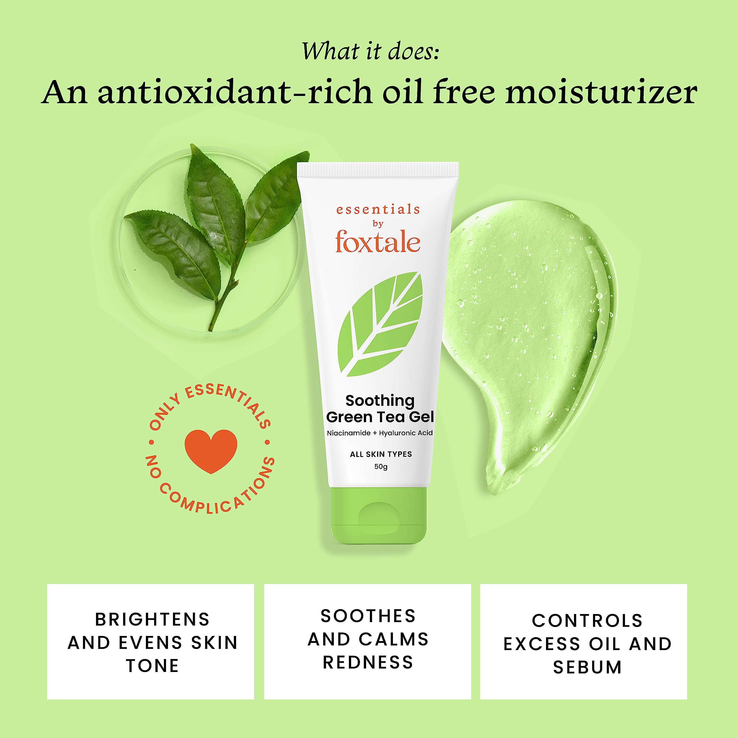 Foxtale Essentials Green Tea Oil-Free Gel Moisturizer for Face | Hyaluronic Acid, Niacinamide, Betaine | Hydrates, Brightens and Prevents Acne | Lightweight for Oily, Acne-Prone Skin | Men & Women - 50g  from FoxTale