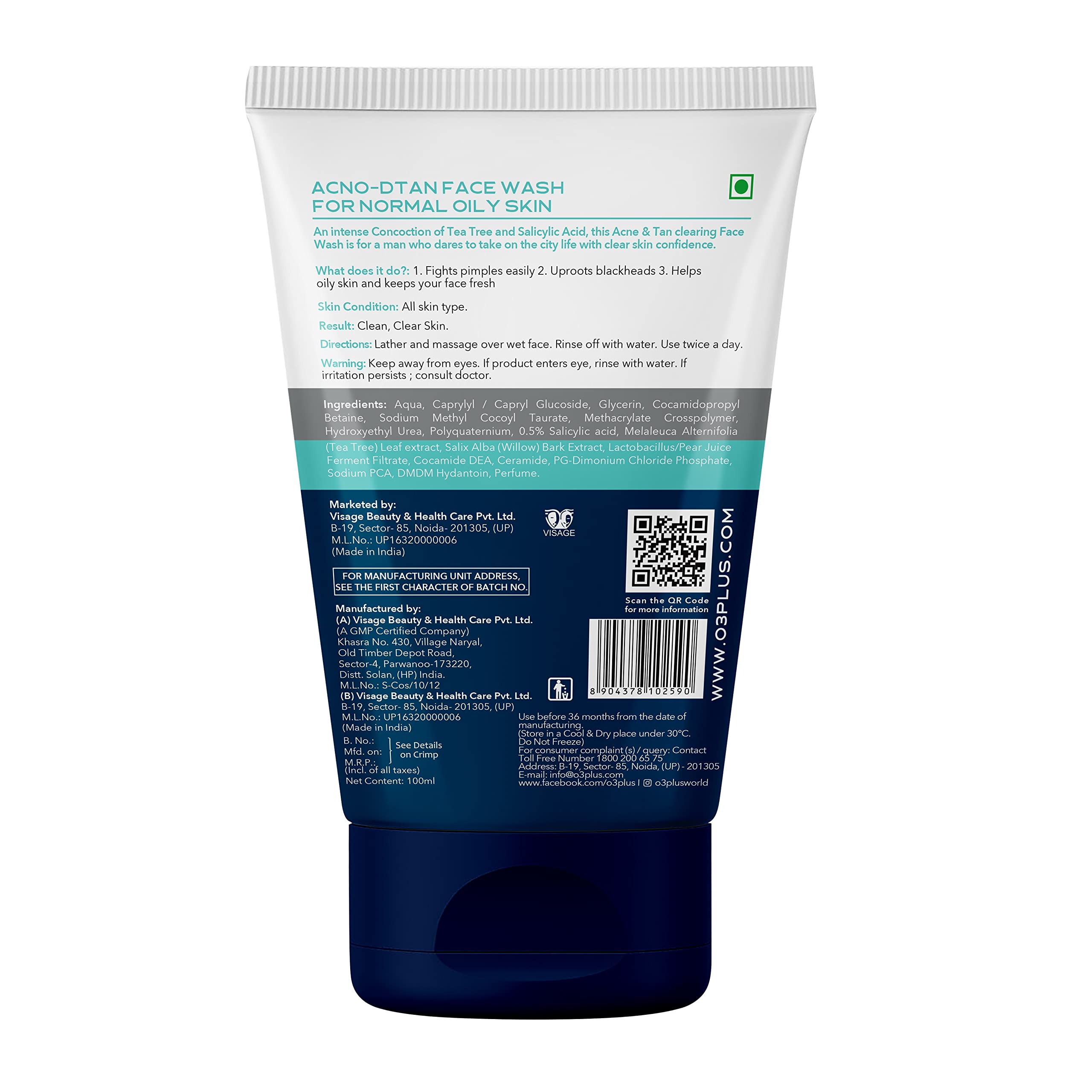 O3+ ALPHA MEN Acno D-TAN Face Wash with Tea Tree 100g for Oily Skin | Detan Face Wash for TAN Removal | Removes Acne and Dirt  from O3+