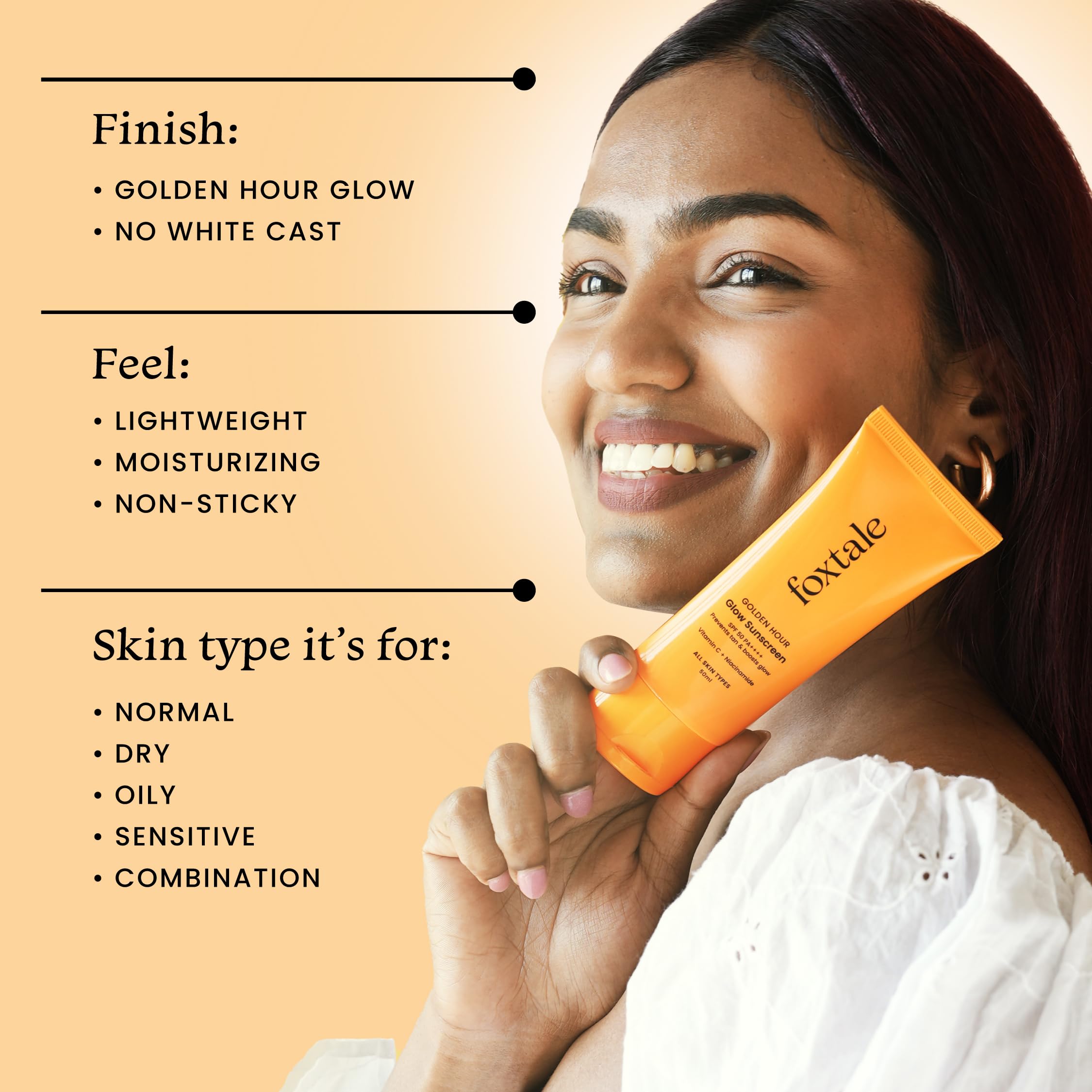 Foxtale Glow Sunscreen SPF 50 PA++++ Lightweight with Vitamin C and Niacinamide | Fast Absorbing | UVA and UVB filters Prevents Tanning | No White Cast | Non-Greasy | For Men & Women | All Skin Types - 50 ml sunscreen from FoxTale
