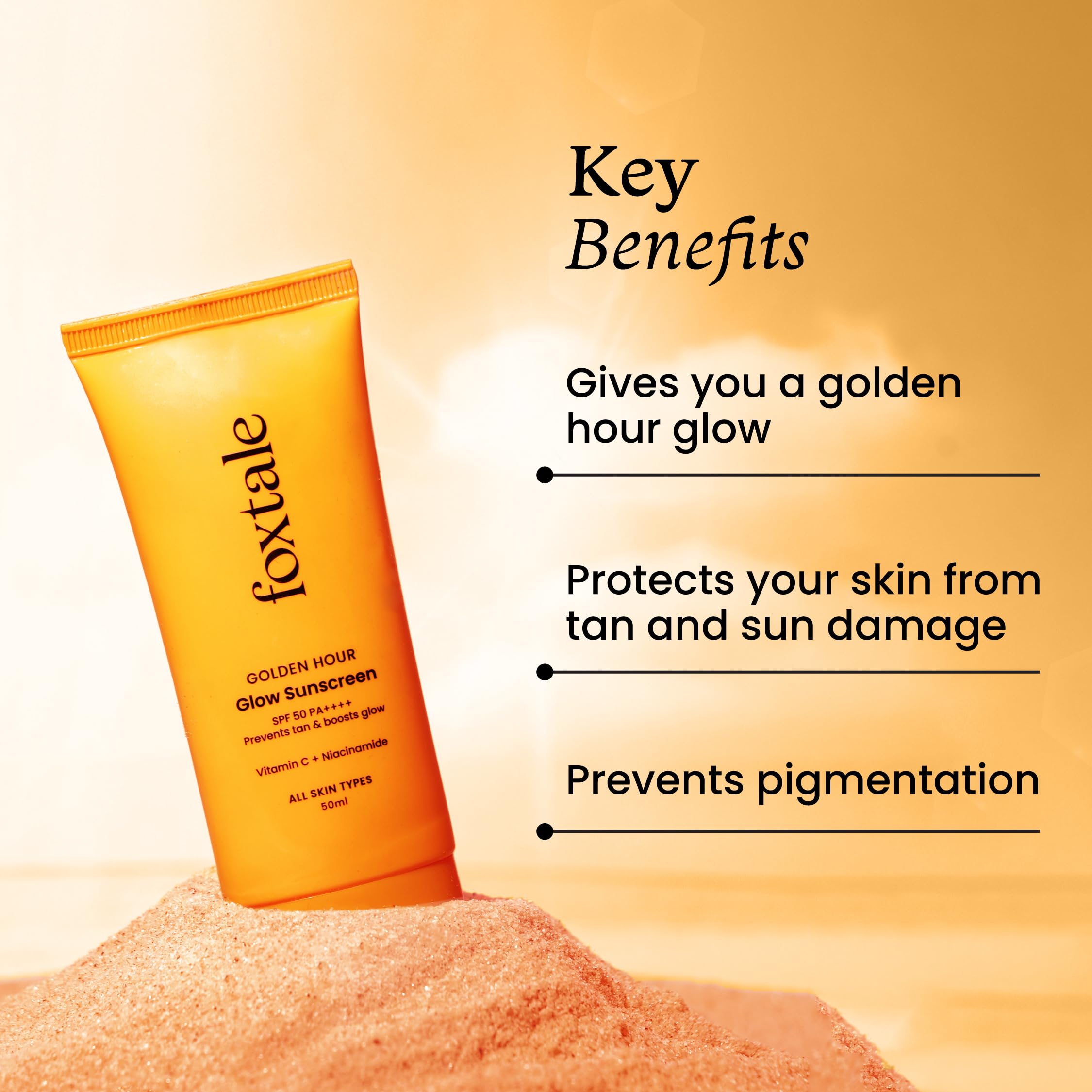 Foxtale Glow Sunscreen SPF 50 PA++++ Lightweight with Vitamin C and Niacinamide | Fast Absorbing | UVA and UVB filters Prevents Tanning | No White Cast | Non-Greasy | For Men & Women | All Skin Types - 50 ml sunscreen from FoxTale