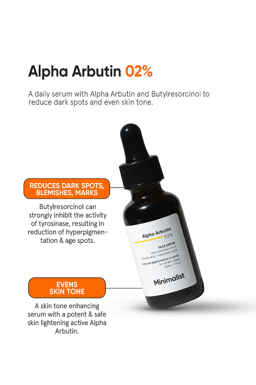 Minimalist Dark Spots Removal Serum with 2% Alpha Arbutin for Hyperpigmentation | Face Serum for Blemishes, Acne Marks & Tanning with Hyaluronic Acid & Butylresorcinol | For Women & Men | 30 ml