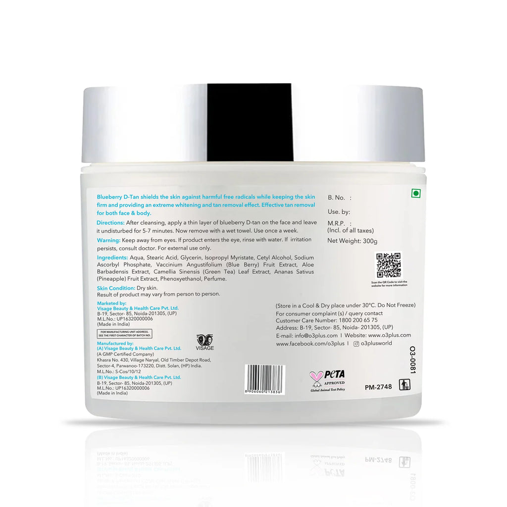 O3+ Blueberry D-Tan® with Natural Extracts for Tan Removal & Sun Damage Protection Ideal for Dry Skin (300 g)