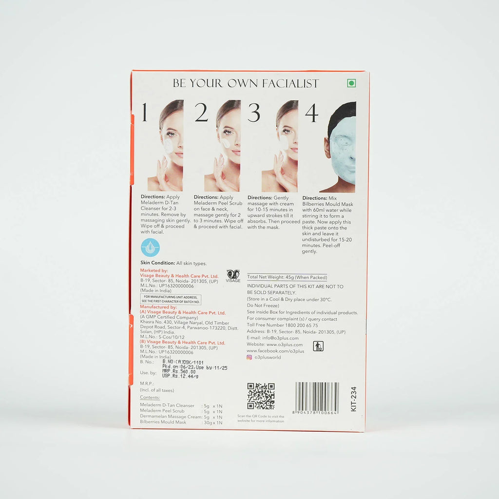 O3+ D-Tan Facial kit for tan removal & brightness for tanned & dull skin, 45g peel off mask from O3+