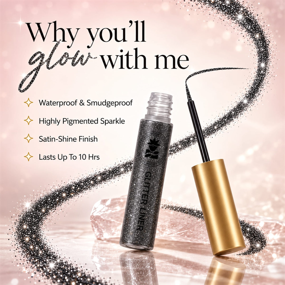 BOBI Glitter Eyeliner  | Diamond Sparkle Finish | Waterproof Long Wear | Quick Dry Smudgeproof | Felt-Tip Precision | Cruelty-Free Paraben-Free-5ml (Black)