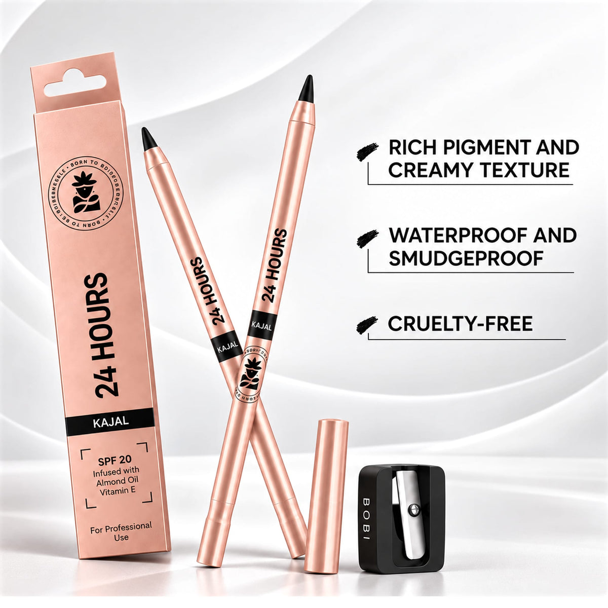 BOBI 24 Hours Kajal For Eyes | Smudgeproof Waterproof Formula | Deep Black Pigment | Cruelty-Free Paraben-Free | Smooth Application | Long Lasting Wear-1.5 gm (Black)