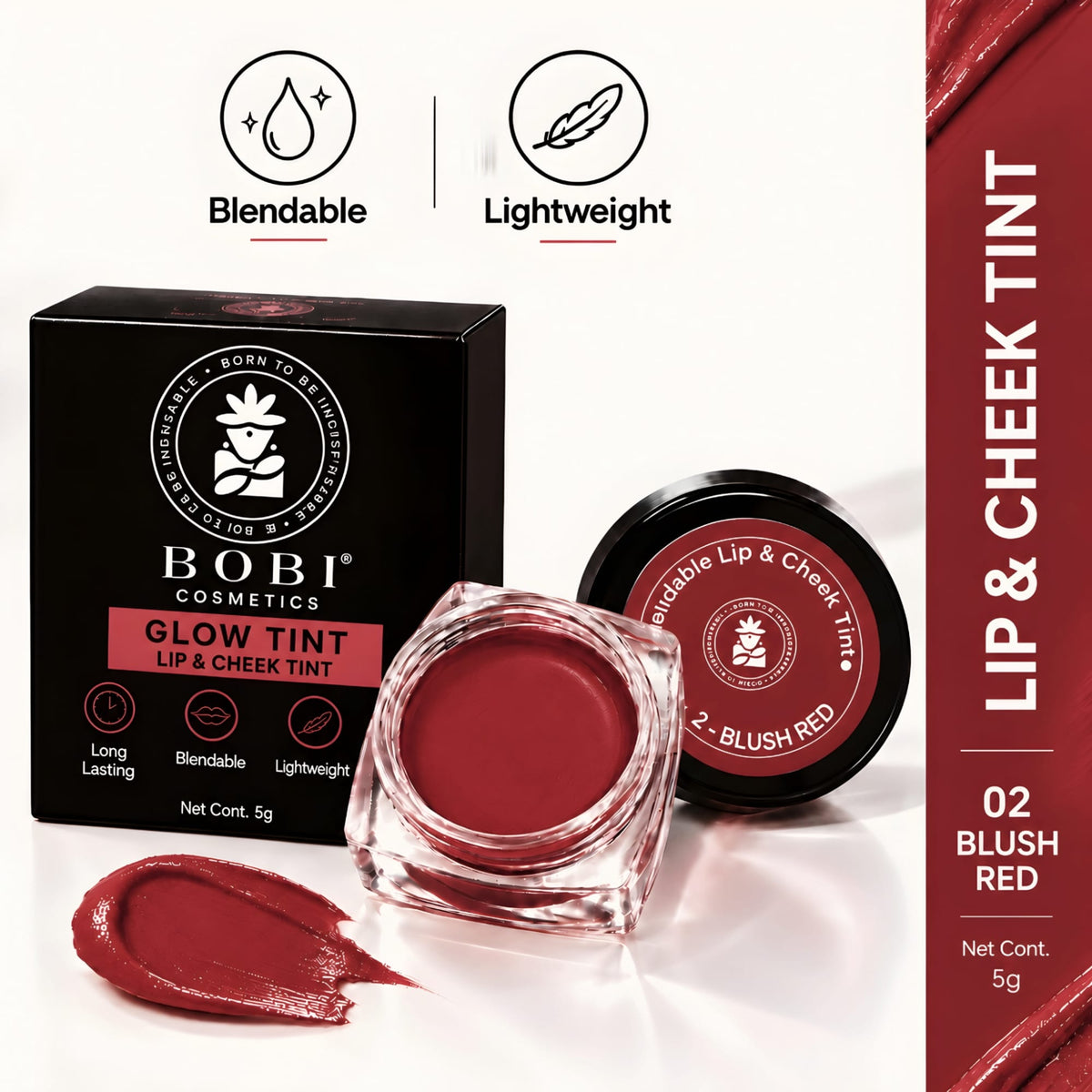BOBI Glow Tint – Blendable Lip & Cheek , 5g (Blush Red)