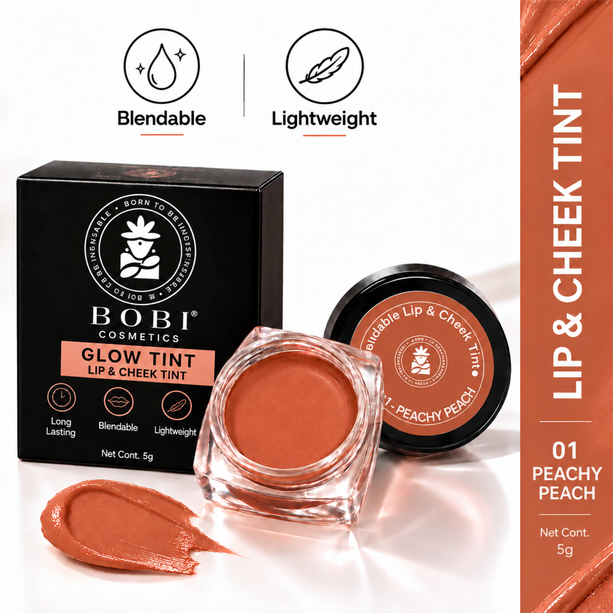 BOBI Glow Tint – Blendable Lip & Cheek , 5g (Peachy Peach)